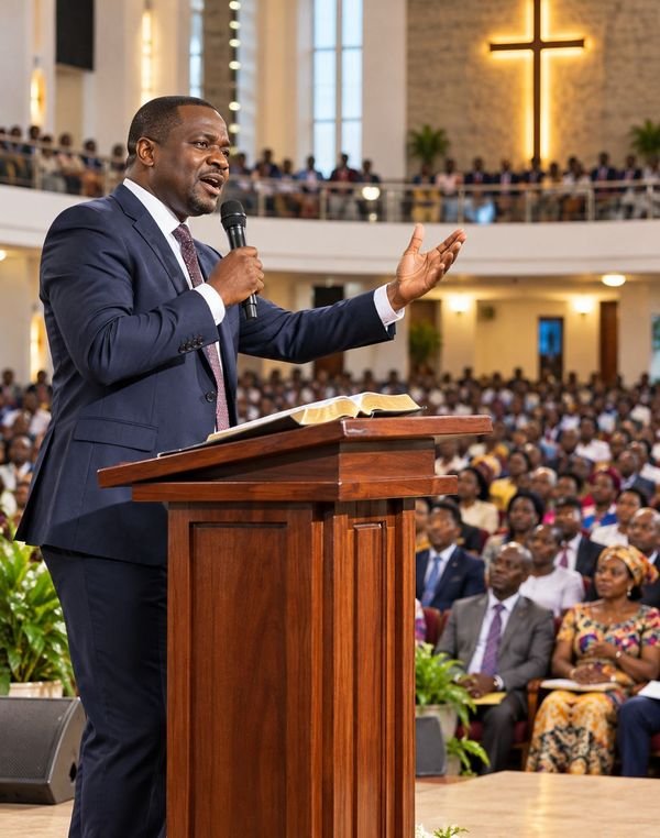 A preacher with an open Bible on the pulpit, speaking to a full church